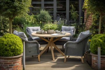 Elegant cozy garden furniture on terrace of suburban home