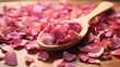 © IndigoElf - A simple wooden spoon surrounded by dry rose petals. Creative concept for cosmetics with rose extract, rose oil. Backdrop for natural cosmetics products.