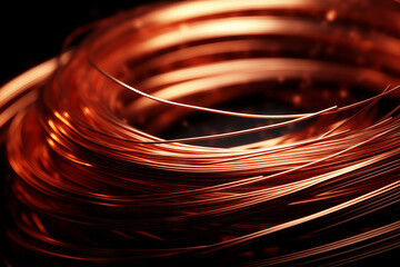 A copper wire coil with a shiny surface and a dark background, creating a contrast of light and shadow