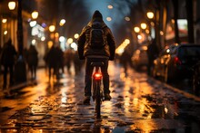A Man Riding A Bicycle On A Rainy Evening Street