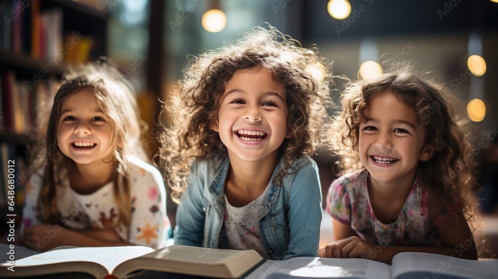 Smiling girl sitting in a classroom desk Stock Photo | Adobe Stock