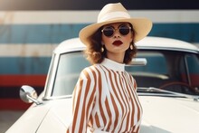 Outdoor Fashion Portrait Of Young Elegant Luxury Woman Wearing Wide Brim Hat, Striped Linen Jumpsuit, Pearl Earrings, Necklace, Holding Animal Print Bag, Posing Near Red Retro Car. Copy, Empty Space