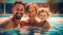 Smiling Happy Family Father Mother And Son Having Fun And Relaxing In Swimming Pool At Hotel Resort. Tourists With Kid On Summer Vacation Splashing In Swimming Pool. Trip, Journey, Tour, Holiday