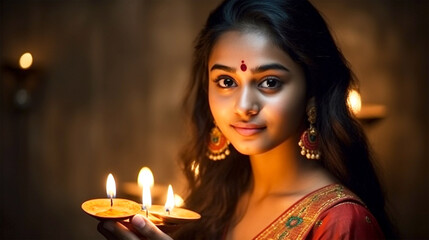 Wall Mural - beautiful hindu indian woman lighting diya on Diwali