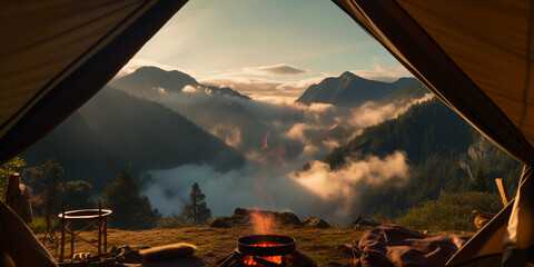 Canvas Print - view from inside a tent looking out, a small campfire in the foreground and a scenic mountain range 