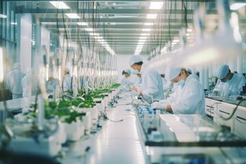 Wall Mural - In a modern agricultural greenhouse, scientists and technicians cultivate organic lettuce using advanced technology and automation.