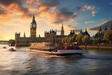 Fototapeta Londyn - London panorama boat Thames river Big Ben. Generative AI