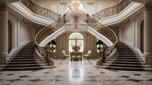 Majestic Double Staircase In Opulent Baroque Style Mansion Foyer
