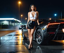 a woman in a mini skirt and a top standing next to a sports car