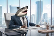 © ChaoticDesignStudio - Shark top manager wearing business suit sits in its office with skyscrapers on background