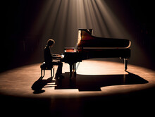 Intimate Concert Setting: Pianist Under Spotlight, Perfect For Music Event Promotion