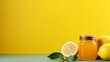 Lemon jam marmalade on yellow background. Jam marmalade with lemon in glass jar. Horizontal banner. Food photo AI generated