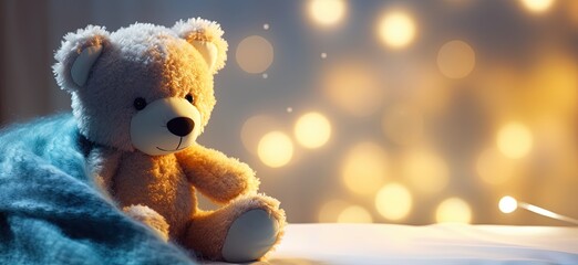 Wall Mural - cute stuffed animal toy teddy bear sitting on cozy bed with warm glitter glow lights, Generative Ai	

