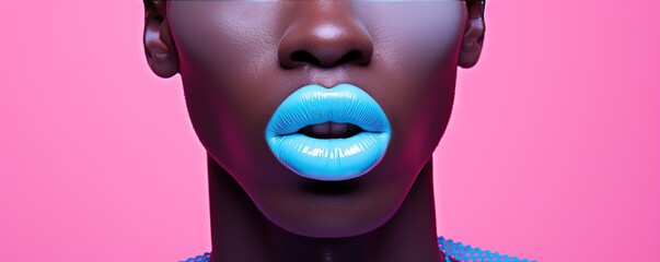 Wall Mural - close up African woman lip wearing blue lipstick, Generative Ai
