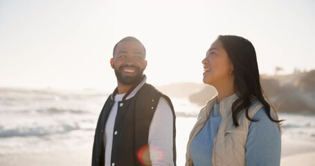 Poster - Couple, happy and walking on a beach at sunset for fun vacation, holiday or travel. Asian woman and man together at ocean with interracial love, romance and adventure outdoor to relax by water