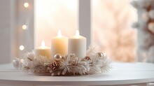 White Candles Centerpiece With Christmas Decors On White Table, Table Setting Dinner, Merry Christmas And Happy New Year 2024, Generative Ai