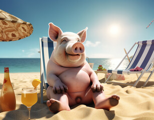 Sun-Kissed Swine: Pig Lounges on a Beach Chair - Ideal for Capturing Summer Vibes and Humor.