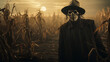 spooky scarecrow in a corn field on halloween night. atmospheric chilling background. ai generative