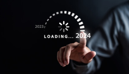 Poster - Loading progress from 2023 to 2024 to countdown merry christmas and happy new year, Planning and challenge strategy in new year 2024 Concept.