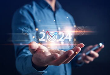 Aufkleber - Goal Happy Planning and challenge strategy business in New year 2024 with chart graph and countdown merry christmas and happy new year Concept.