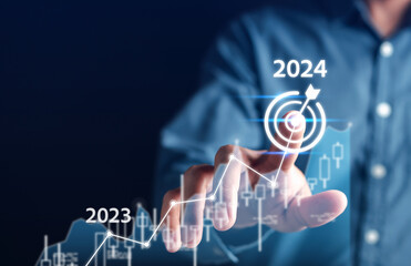 Aufkleber - Goal Happy Planning and challenge strategy business in New year 2024 with chart graph and countdown merry christmas and happy new year Concept.
