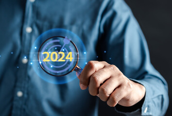 Aufkleber - Goal of Happy Planning and challenge strategy business in New year 2024 with chart graph and countdown merry christmas and happy new year Concept.