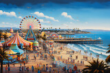 Fototapeta  - beachside amusement park with a Ferris wheel, tents, and people enjoying the sunny day near the ocean. A large Ferris wheel with multicolored cabins is one of the prominent features in the scene