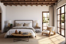 Amazing Green Living Spanish Modern Bedroom Interior With Organic Wood Vaulted Ceilings And Backyard Nature Views And White Bedding