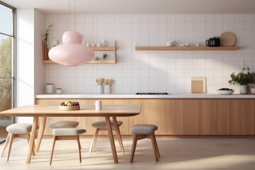 Wall Mural - Cute Nordic Kitchen Interior with Modern Dining Table and Long White Stone Countertop. Floating Shelf with Styled Decor and Grid Tile Backsplash