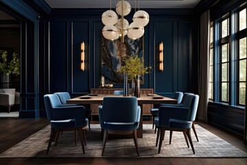 Luxurious Moody Blue Dining Room Interior with Brass Milk Glass Light Fixture and Square Wood Dining Table with Vertical Light Sconces