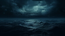 Storm With Dark Clouds At Night Over The Water Of The Ocean With Waves. Epic Historical Scenario For A Maritime Wallpaper. Landscape For Brave Sea Adventures.