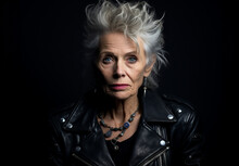 An Old Woman With Spiky White Hair And A Modern Look: Leather Jacket, Makeup And A Young Rocker Or Punk Attitude, Isolated On The Black Background Of A Photo Studio. A Image Of Aging With Style.