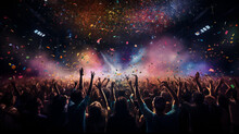 A Festive Party Scene Of A Large Crowd Enjoying A Night Club Party With Colorful Lights From The Stage, Smoke And Confetti. Silhouettes Of People Dancing And Cheering.