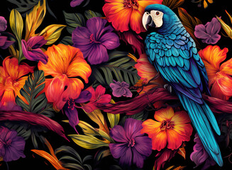 Wall Mural - Image of pattern design using macaw and flowers and leaves. Wildlife Animals. Bird. Illustration, Generative AI.