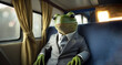 Whimsical Commute: Dapper Frog In A Suit, on a Train Adventure Sitting By The Window. 