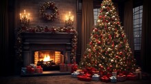 Christmas Scene Background Wallpaper, Beautiful Christmas Tree Inside Home, Christmas Tree Near Fireplace, Generative Ai