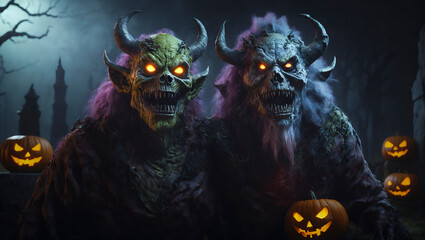 Wall Mural - Halloween scary devil monsters with pumpkins