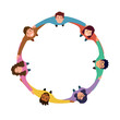 © Orapun - Happy young businesspeople group hug each other holding arms in circle together. Building teamwork top view concept vector illustration. Friendship.