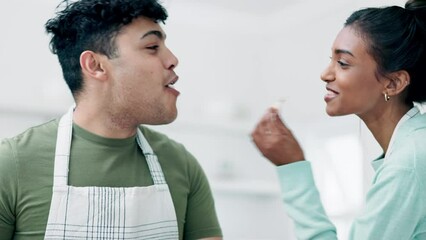 Sticker - Cooking, cutting vegetables and couple with food taste and lunch in a home with love and bonding. Chopping board, hungry people and happy with eating, dinner and recipe ingredients in a kitchen