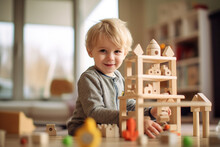 Little Child Sits On The Floor, Engrossed In Play, As They Build A Tower With Colorful Toy Blocks At Home, Stack And Arrange The Blocks, Creating A World Of Their Own Filled With Creativity 