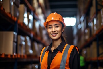 Wall Mural - portrait of a smiling young asian woman engineer in a storage job wearing an orange vest and helmet, working at a retail online shopping warehouse with safety