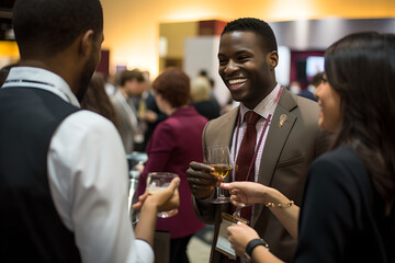 Wall Mural - a group of business executives networking and socializing at a networking event, cheering with glass