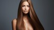 Photo of a beautiful young model with long shiny brown hair. Keratin straightening. Treatment. Care. Smooth hairstyle.