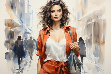 watercolor painting of beautiful woman shopping with a fashion modern style.