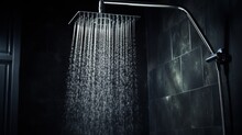 Photograph Of Water Flowing From A Shower Head In A Bathroom With A Dark Black Background. Scandinavian And Modern Interior Design