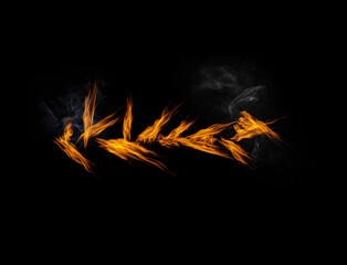 Wall Mural - fire, burning and smoke with orange flame on black background, inferno and power with mockup space. 