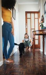 Poster - Dog, house and happy lesbian couple play, bonding or having fun together. Pet, gay women smile with animal in hallway and care in healthy relationship, love connection and lgbt people in home