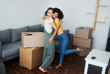 Poster - Lesbian, couple and hug with moving, boxes and excited with happiness for investment in apartment or property. Happy, people and women together with love and celebration of new home together