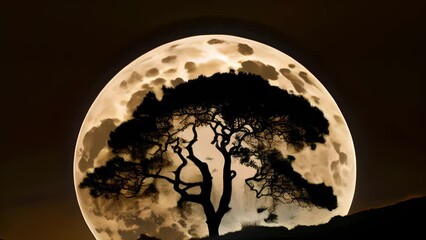 full rising moon at night with silhouette tree on a mountain hill blue moon, harvest moon, halloween