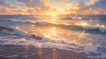 Beautiful Shiny Sunset On The Beach. Sunset Over The Sea. Illustration